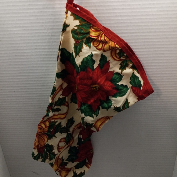 Handmade Fabric Pattern Poinsettias Christmas Holiday Festive Red Stocking Decor - Picture 7 of 8